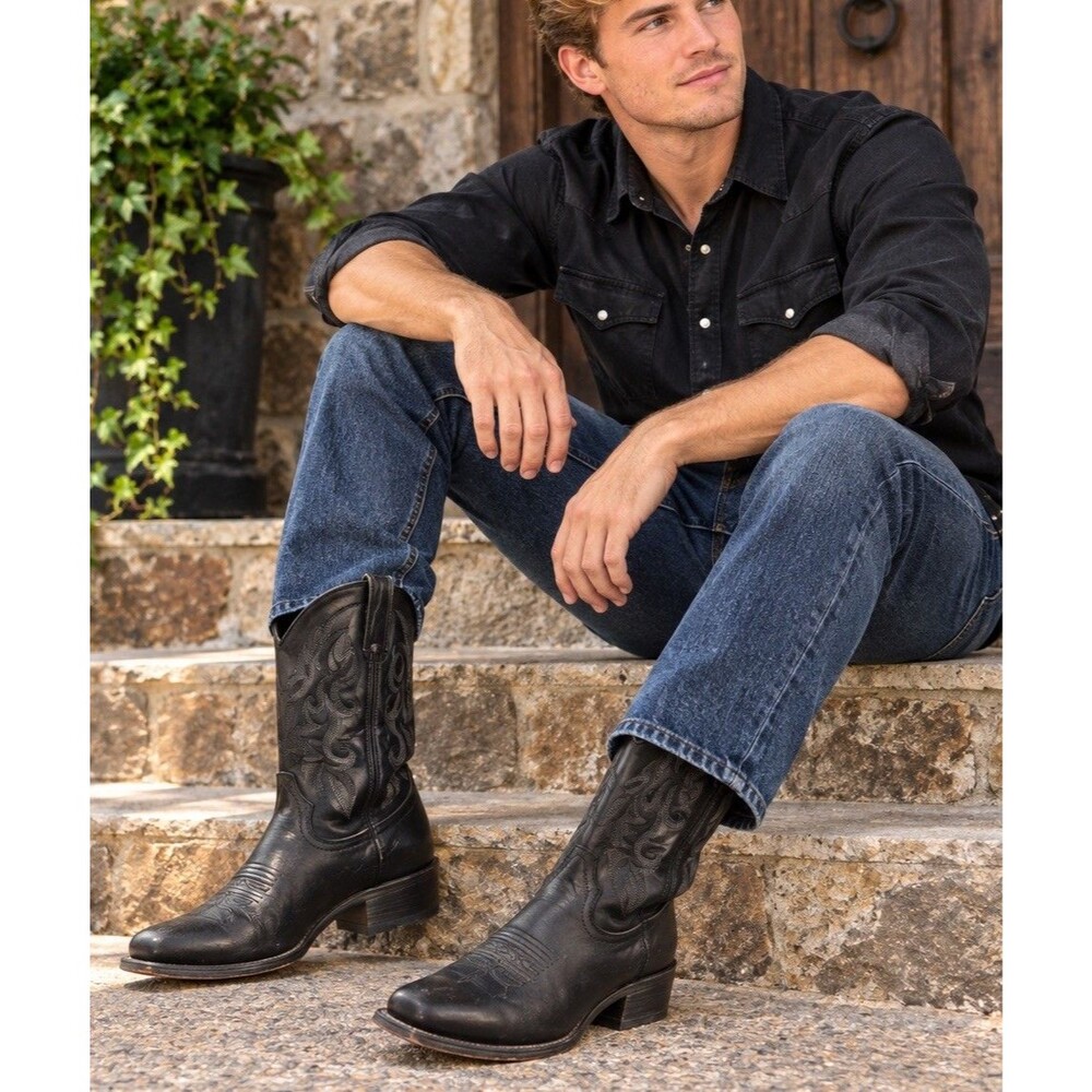 Durango DB910  Black Leather Pull-On Cowboy Western Boots Men's US 10.5D Classic